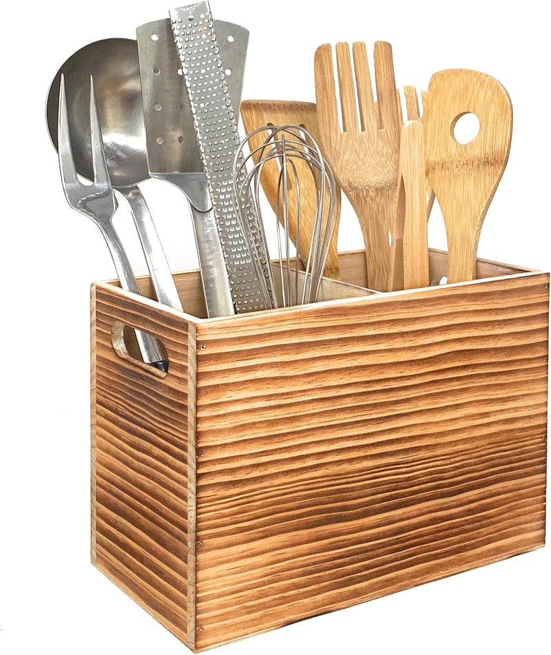 CB Accessories Wood Utensil Holder for Kitchen Counter - 2 Compartment Large Utensil Crock Organizer for Countertop - Tool Holder for Spatula - Farmhouse Decor - Image 1